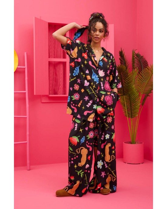 Petit Boutik Maya Black Mexican Leopard Oversized Πουκάμισο