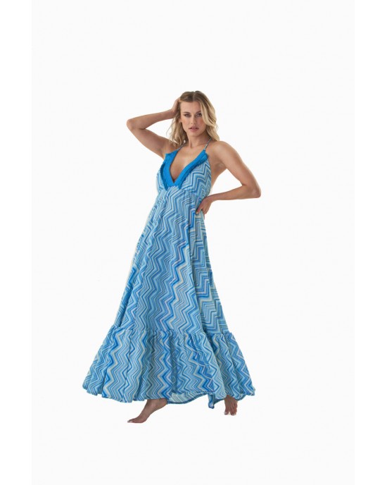 Pho Wave Plunge Neck Sun Turquoise Maxi Φόρεμα