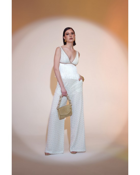 Pho White Triangle Crop Top With Fringes & Παντελόνι