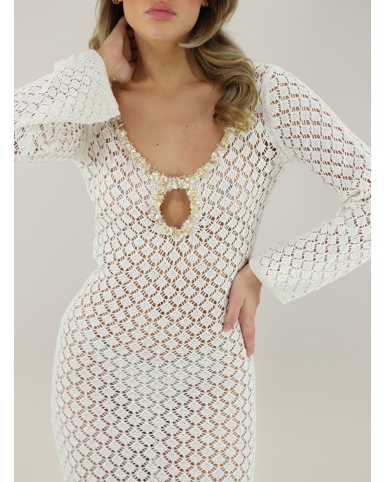 Pho Firenze Openwork Fabric White Long Φόρεμα