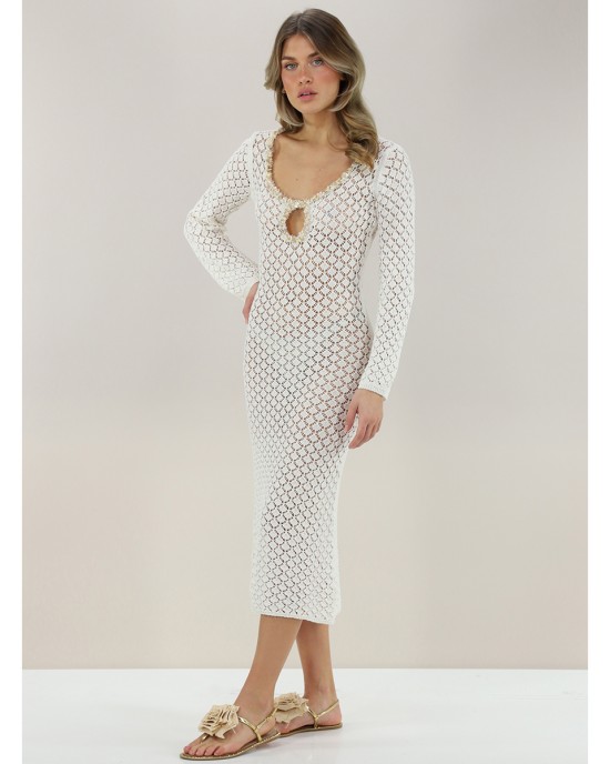 Pho Firenze Openwork Fabric White Long Φόρεμα