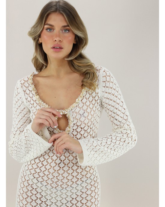 Pho Firenze Openwork Fabric White Long Φόρεμα