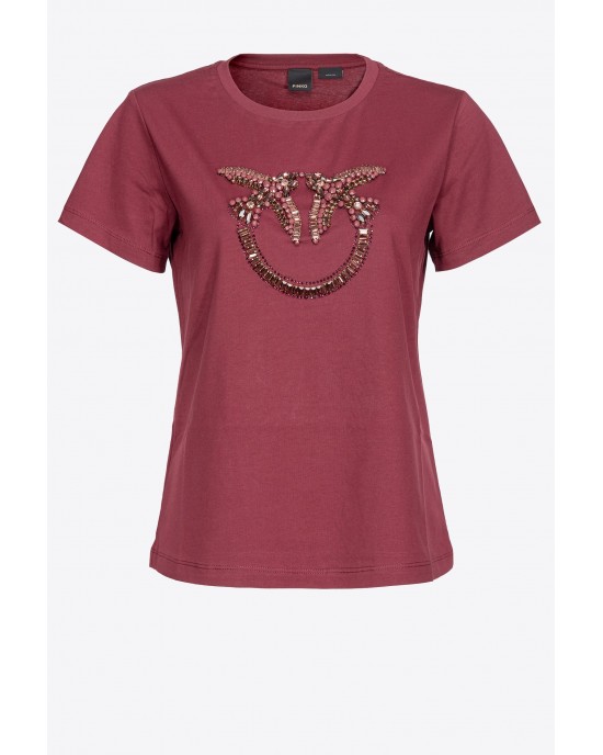 Pinko Quentin T-shirt With Love Birds Embroidery Jersey Bordeaux Μπλούζα