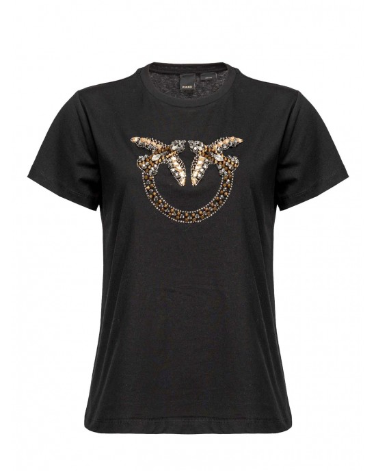 Pinko Quentin T-shirt With Love Birds Embroidery Black Μπλούζα