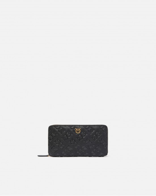 Pinko Ryder Zip-around Rectangular Leather Monogram Black Πορτοφόλι