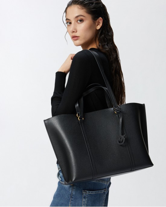 Pinko Carrie Big Tumbled Shopper Black Leather Τσάντα