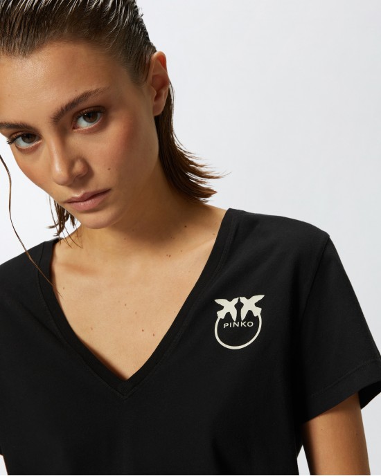 Pinko Turbato T-shirt V-neck With Logo Black Μπλούζα