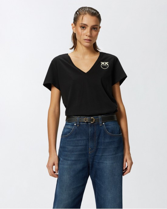 Pinko Turbato T-shirt V-neck With Logo Black Μπλούζα