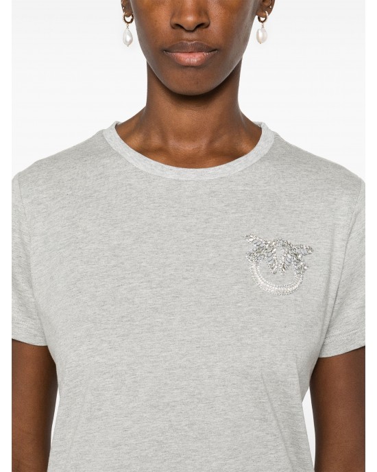 Pinko Nambrone T-shirt Bejewelled Love Birds Embroidery Grey Μπλούζα