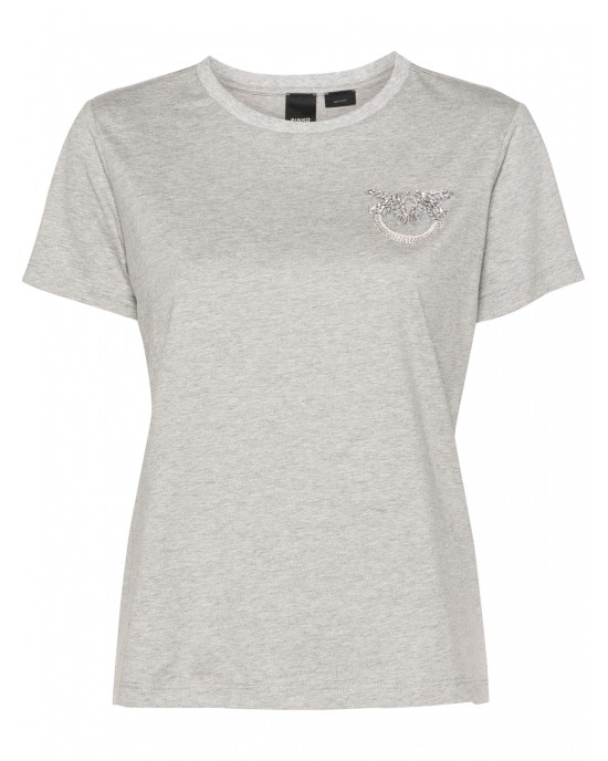 Pinko Nambrone T-shirt Bejewelled Love Birds Embroidery Grey Μπλούζα