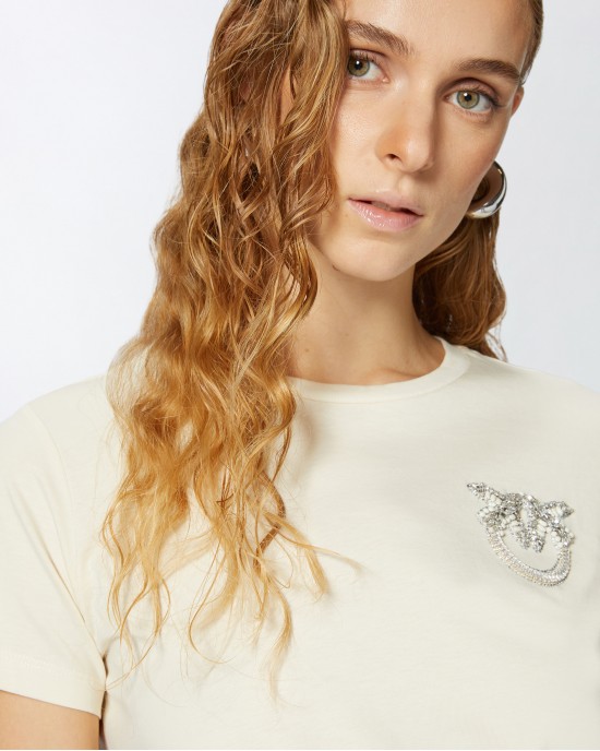 Pinko Nambrone T-shirt Bejewelled Love Birds Embroidery White Μπλούζα