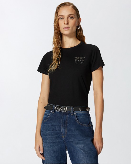 Pinko Nambrone T-shirt Bejewelled Love Birds Embroidery Black Μπλούζα