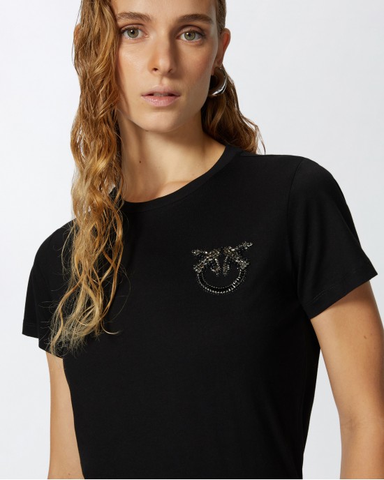 Pinko Nambrone T-shirt Bejewelled Love Birds Embroidery Black Μπλούζα