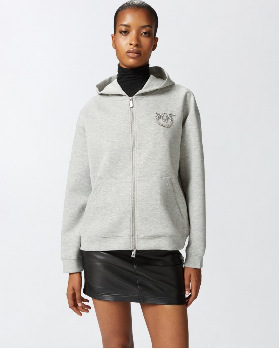 Pinko Gesso Zip-up Love Birds Logo Embroidery Crystals Grey Ζακέτα