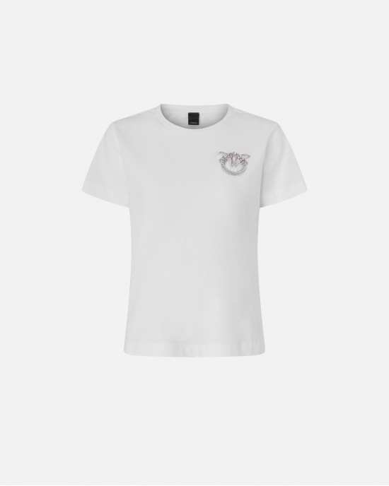 Pinko Nambrone T-shirt Crystal-Embroidered Logo White Μπλούζα