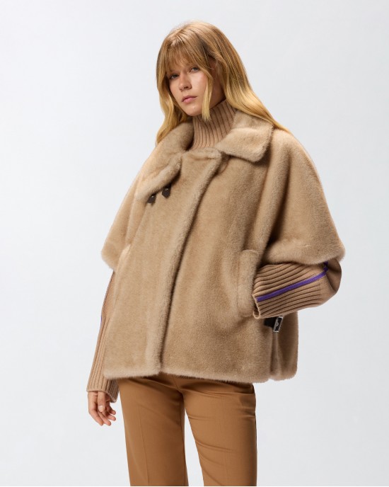 Pinko Comodino Faux Fur Cape Beige Παλτό