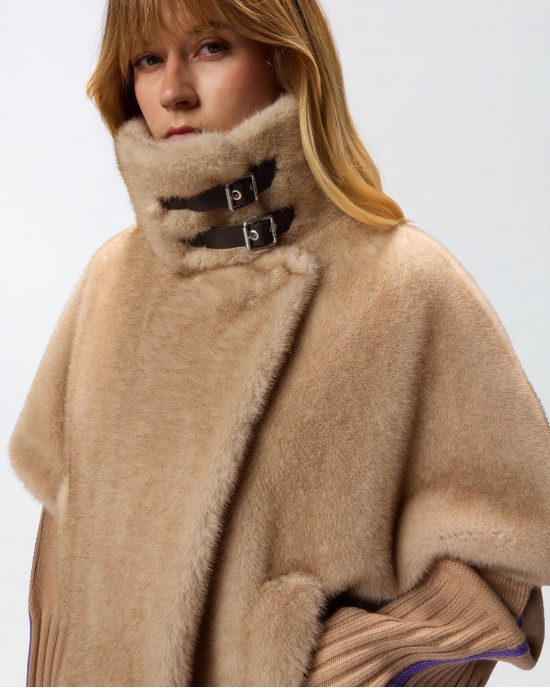 Pinko Comodino Faux Fur Cape Beige Παλτό