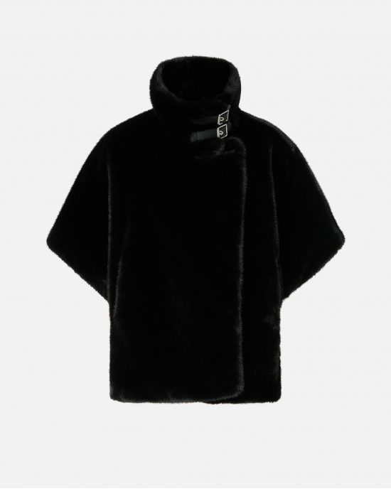 Pinko Comodino Faux Fur Cape Black Παλτό