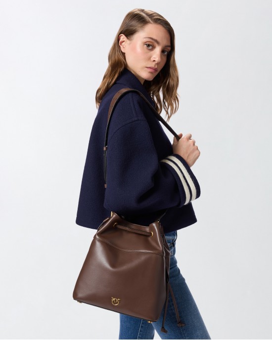 Pinko Secchiello Classic Bucket Brown Leather Τσάντα