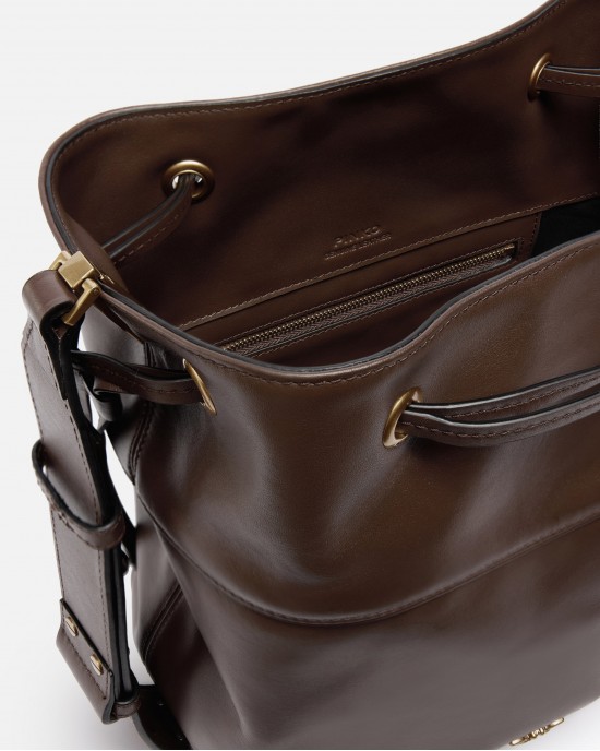 Pinko Secchiello Classic Bucket Brown Leather Τσάντα