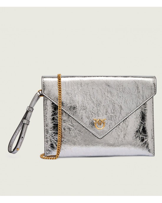 Pinko Flat Purse Handle Metallic Silver Leather Τσάντα
