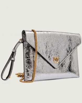 Pinko Flat Purse Handle Metallic Silver Leather Τσάντα