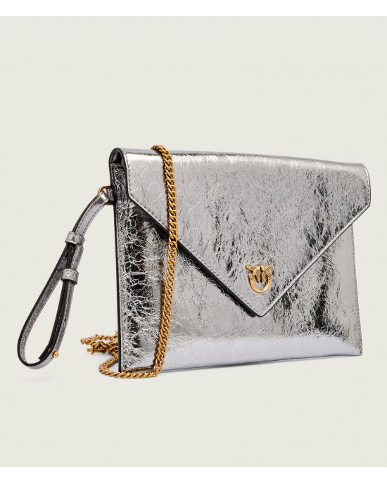 Pinko Flat Purse Handle Metallic Silver Leather Τσάντα