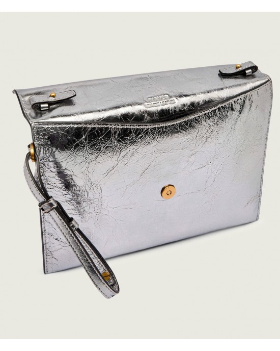 Pinko Flat Purse Handle Metallic Silver Leather Τσάντα