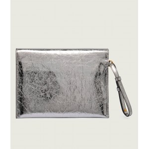 Pinko Flat Purse Handle Metallic Silver Leather Τσάντα