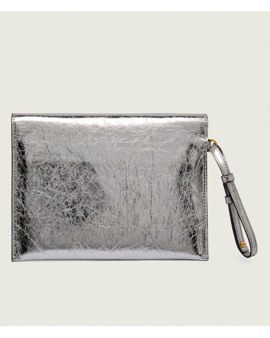 Pinko Flat Purse Handle Metallic Silver Leather Τσάντα