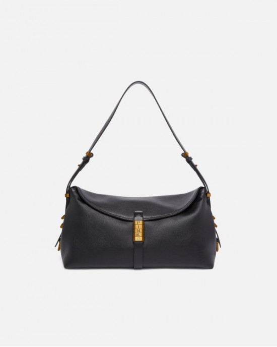 Pinko Saddle Baguette Classic Black Leather Τσάντα