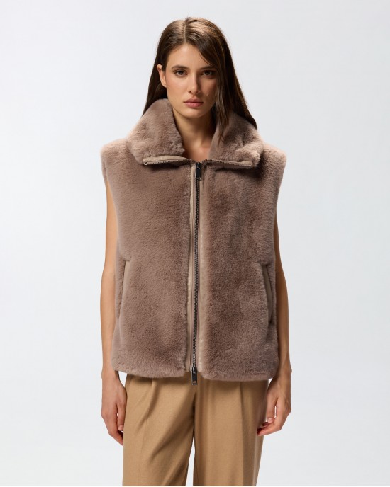 Pinko Deyn Faux Fur Gilet With Zip Beige Γιλέκο