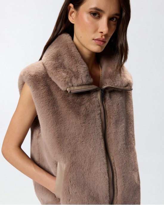 Pinko Deyn Faux Fur Gilet With Zip Beige Γιλέκο