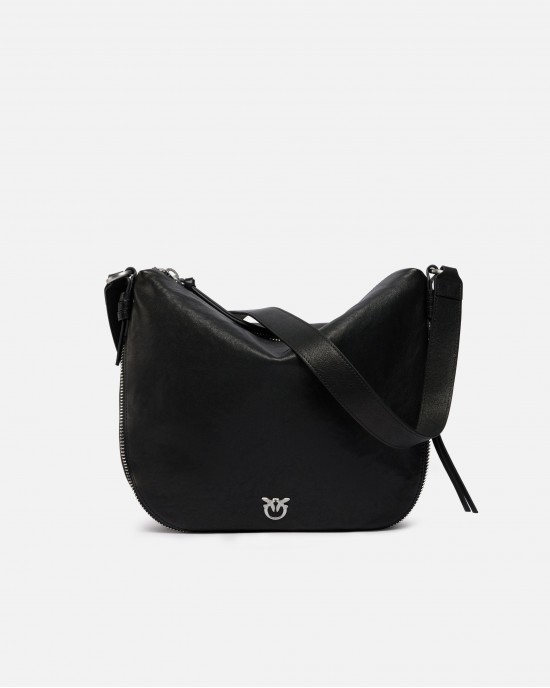 Pinko Hobo Zip Around Classic Black Leather Τσάντα