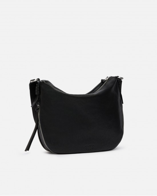 Pinko Hobo Zip Around Classic Black Leather Τσάντα