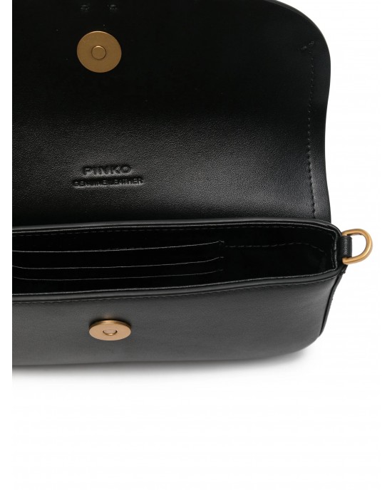 Pinko Saddle Flat Black Leather Τσάντα