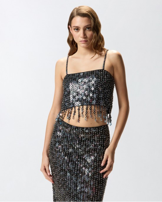 Pinko Pongo Top With Sequins & Crystals Multi Blue Μπλούζα