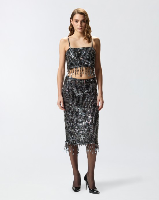 Pinko Pongo Top With Sequins & Crystals Multi Blue Μπλούζα