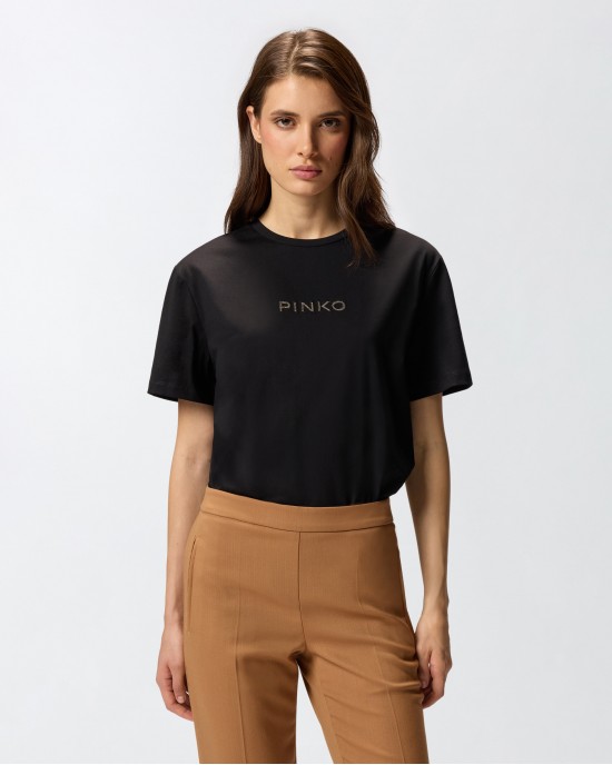 Pinko Strepitoso Rhinestone Logo T-shirt Black Μπλούζα
