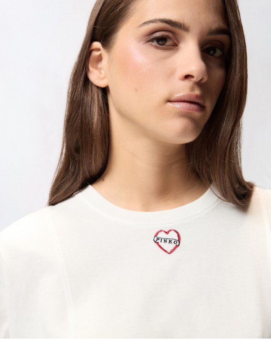 Pinko Tortino T-shirt With Heart Embroidery White Μπλούζα