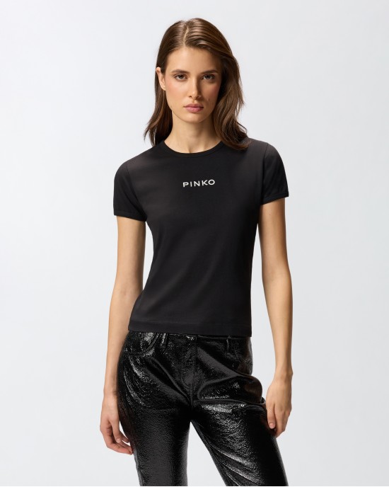 Pinko Intenso T-shirt With Embroidered Logo Black Μπλούζα