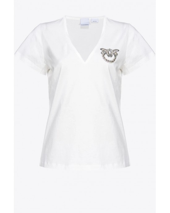 Pinko Turbato T-shirt V-neck With Logo Strass White Μπλούζα