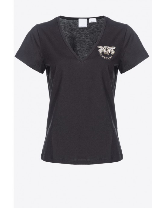 Pinko Turbato T-shirt V-neck With Logo Strass Black Μπλούζα