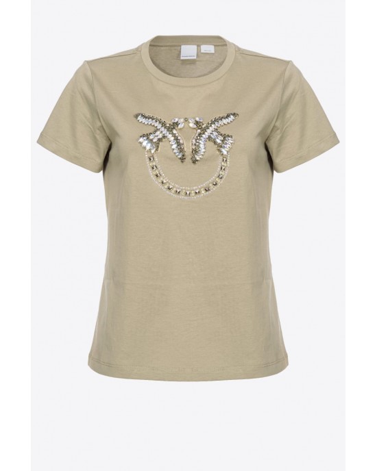 Pinko Quentin T-shirt With Love Birds Embroidery Green Μπλούζα