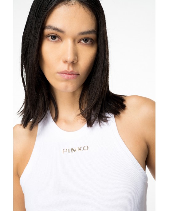 Pinko Distinto Rib Tank Top With Logo White Μπλούζα