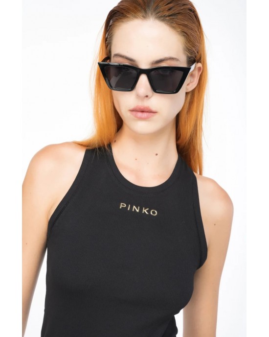 Pinko Distinto Rib Tank Top With Logo Black Μπλούζα