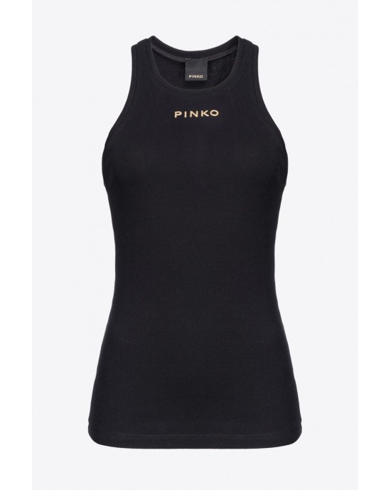 Pinko Distinto Rib Tank Top With Logo Black Μπλούζα