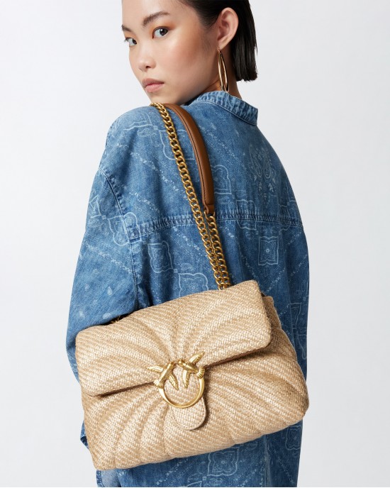 Pinko Love Puff Classic Raffia With Butterfly Beige Τσάντα