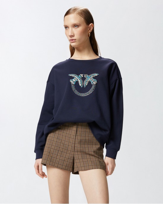 Pinko Nelly Crew Neck With Love Birds Jewel Embroidery Blue Φούτερ