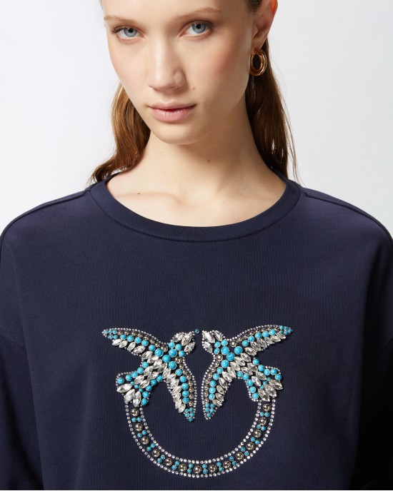 Pinko Nelly Crew Neck With Love Birds Jewel Embroidery Blue Φούτερ
